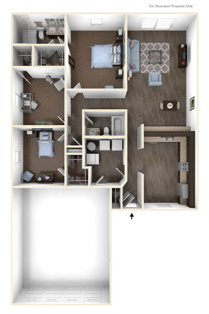 Floor plan for 3 beds, 2 baths, 1263 sqft